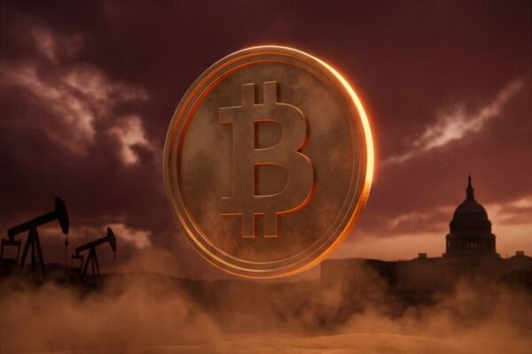 Mappa globale con wallet crypto e simboli di sanzioni finanziarie USA-Iran