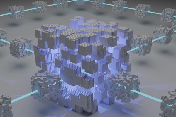 Rete blockchain digitale che rappresenta il puzzle crittografico nascosto nel Genesis Block di Bitcoin da Galaxy Research