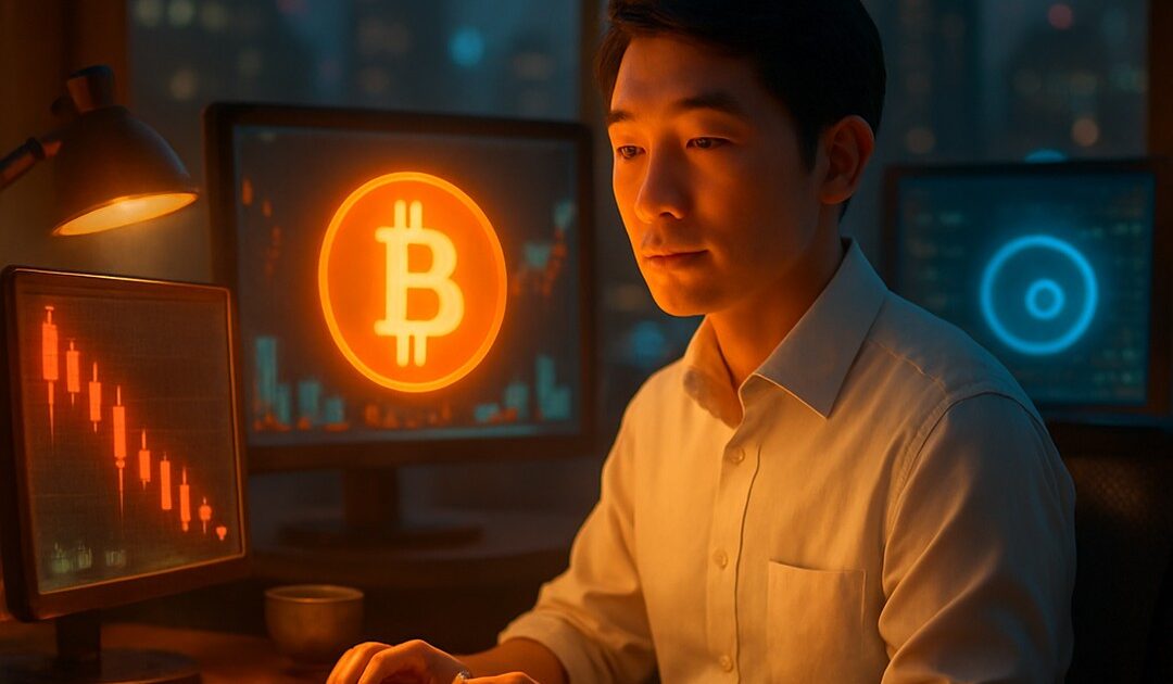 Giovane asiatico al computer, schermo con bitcoin e grafico a candele rosse in discesa - BitcoinLive24