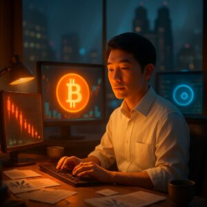 Giovane asiatico al computer, schermo con bitcoin e grafico a candele rosse in discesa - BitcoinLive24