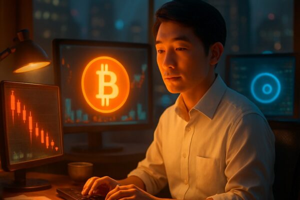 Giovane asiatico al computer, schermo con bitcoin e grafico a candele rosse in discesa - BitcoinLive24