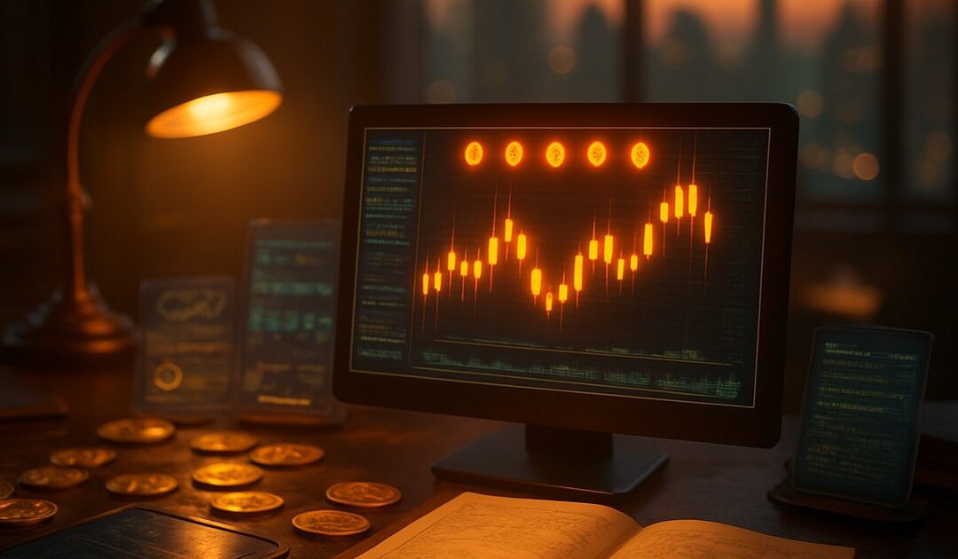 Monitor con grafico a candele arancioni, libro aperto, lampada e monete, tramonto sulla città - BitcoinLive24