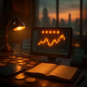 Monitor con grafico a candele arancioni, libro aperto, lampada e monete, tramonto sulla città - BitcoinLive24