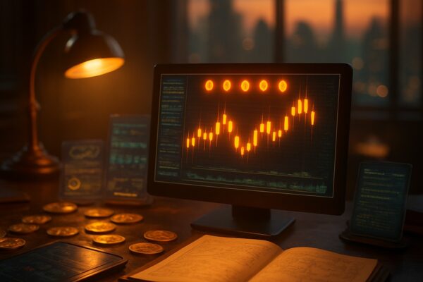 Monitor con grafico a candele arancioni, libro aperto, lampada e monete, tramonto sulla città - BitcoinLive24