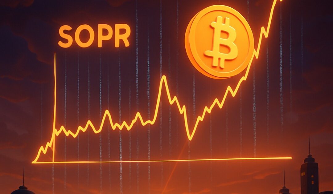 Linea luminosa in salita con etichetta 'SOPR' e moneta bitcoin sopra lo skyline - BitcoinLive24