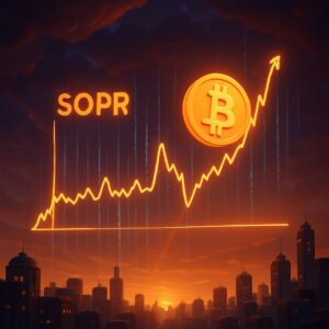 Linea luminosa in salita con etichetta 'SOPR' e moneta bitcoin sopra lo skyline - BitcoinLive24