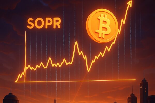 Linea luminosa in salita con etichetta 'SOPR' e moneta bitcoin sopra lo skyline - BitcoinLive24