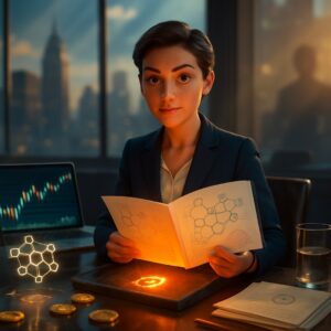 Giovane donna in tailleur con libro di diagrammi esagonali, ologramma di rete, laptop con candele - BitcoinLive24