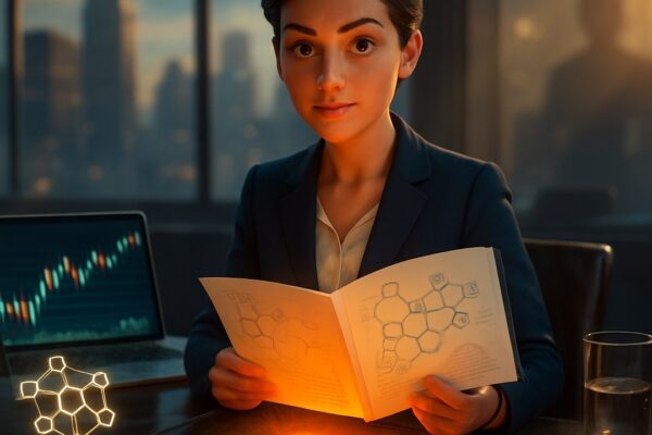 Giovane donna in tailleur con libro di diagrammi esagonali, ologramma di rete, laptop con candele - BitcoinLive24