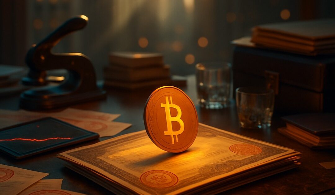 Moneta bitcoin su pila di certificati con sigilli, timbratrice, tablet con grafico, skyline - BitcoinLive24