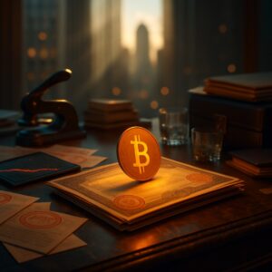 Moneta bitcoin su pila di certificati con sigilli, timbratrice, tablet con grafico, skyline - BitcoinLive24