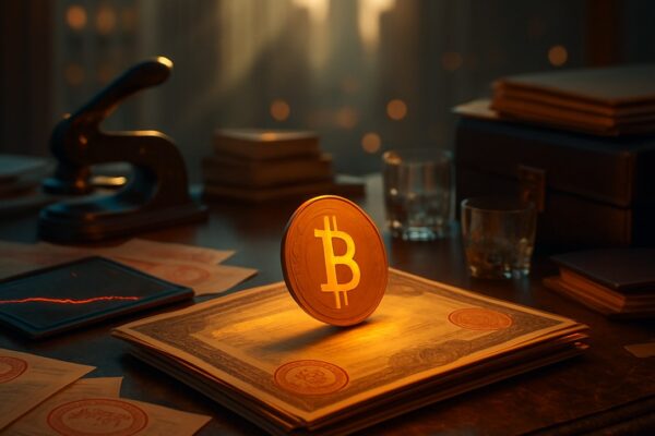 Moneta bitcoin su pila di certificati con sigilli, timbratrice, tablet con grafico, skyline - BitcoinLive24