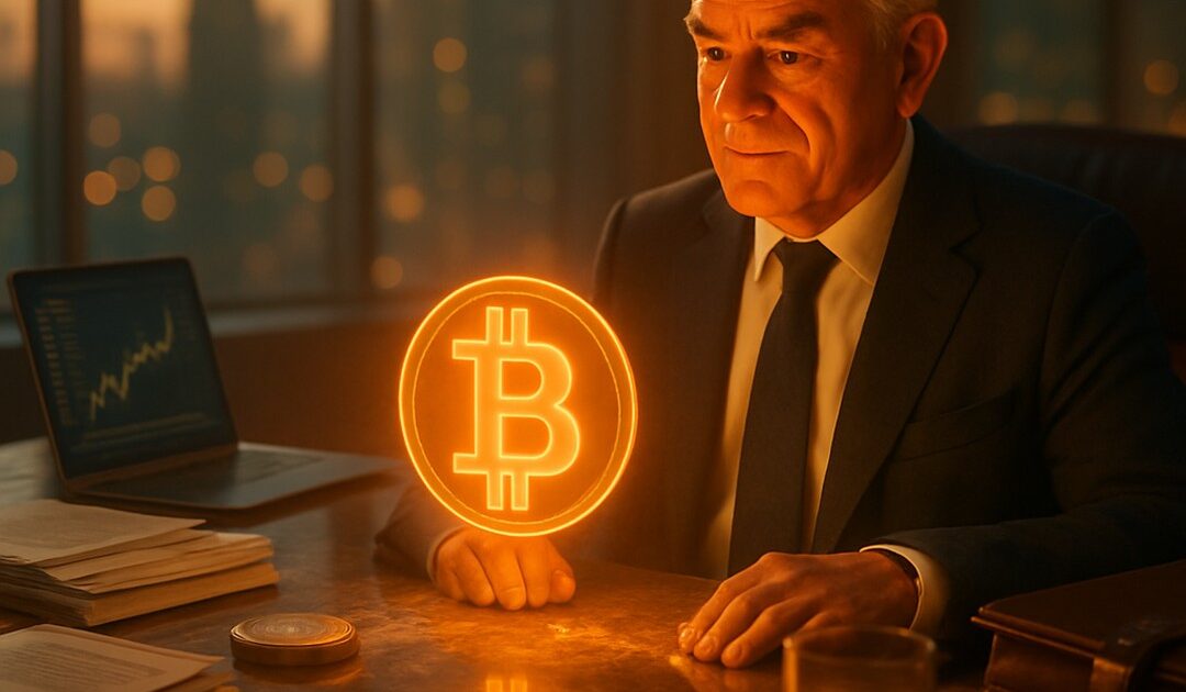 Anziano dirigente alla scrivania osserva un ologramma bitcoin, laptop con grafico, skyline - BitcoinLive24
