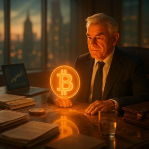 Anziano dirigente alla scrivania osserva un ologramma bitcoin, laptop con grafico, skyline - BitcoinLive24