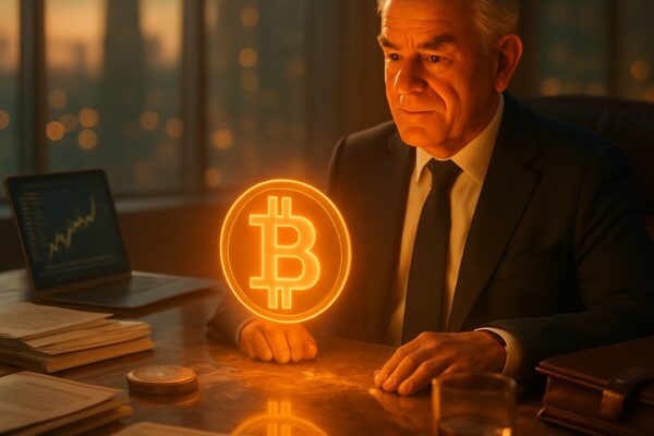 Anziano dirigente alla scrivania osserva un ologramma bitcoin, laptop con grafico, skyline - BitcoinLive24