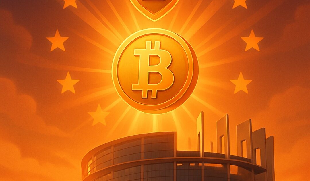 Scudo con lucchetto e moneta bitcoin dentro il cerchio di stelle UE sopra il Parlamento europeo - BitcoinLive24