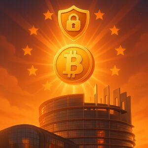 Scudo con lucchetto e moneta bitcoin dentro il cerchio di stelle UE sopra il Parlamento europeo - BitcoinLive24