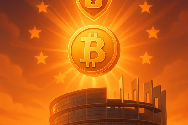 Scudo con lucchetto e moneta bitcoin dentro il cerchio di stelle UE sopra il Parlamento europeo - BitcoinLive24