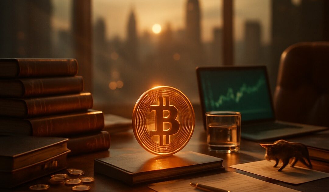 Moneta bitcoin su pila di libri, laptop con grafico verde, statuina di toro, tramonto sulla città - BitcoinLive24