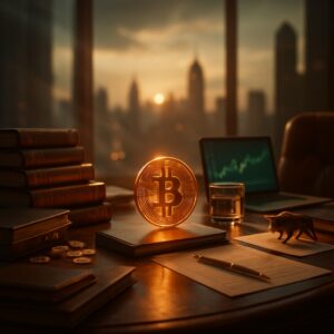 Moneta bitcoin su pila di libri, laptop con grafico verde, statuina di toro, tramonto sulla città - BitcoinLive24