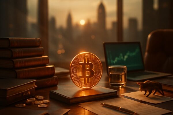 Moneta bitcoin su pila di libri, laptop con grafico verde, statuina di toro, tramonto sulla città - BitcoinLive24