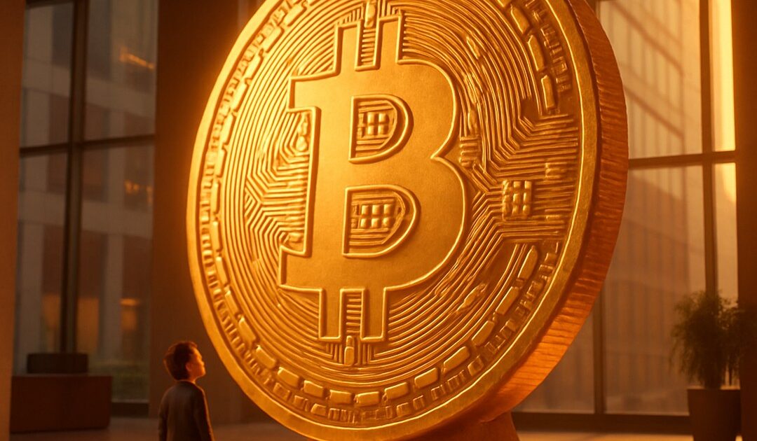 Bambino guarda una gigantesca moneta bitcoin dorata nella hall di un palazzo - BitcoinLive24