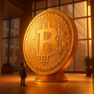 Bambino guarda una gigantesca moneta bitcoin dorata nella hall di un palazzo - BitcoinLive24