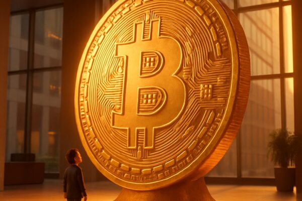 Bambino guarda una gigantesca moneta bitcoin dorata nella hall di un palazzo - BitcoinLive24
