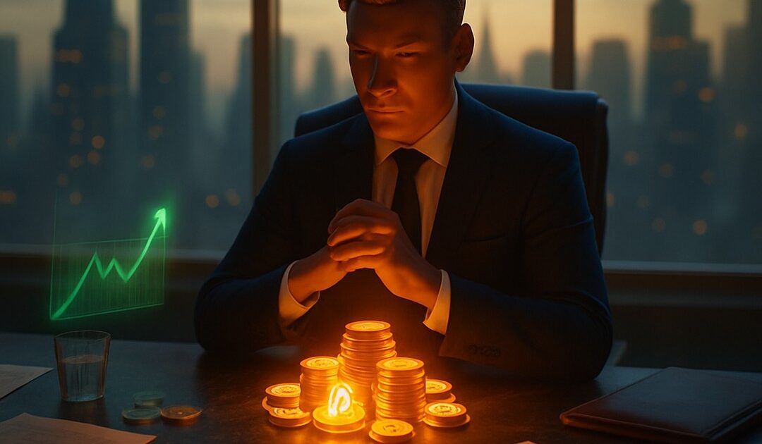 Uomo pensieroso alla scrivania davanti a pile di monete luminose e grafico verde olografico - BitcoinLive24