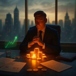 Uomo pensieroso alla scrivania davanti a pile di monete luminose e grafico verde olografico - BitcoinLive24