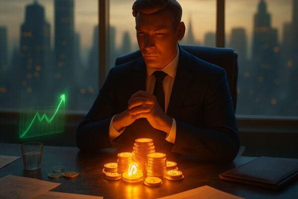 Uomo pensieroso alla scrivania davanti a pile di monete luminose e grafico verde olografico - BitcoinLive24