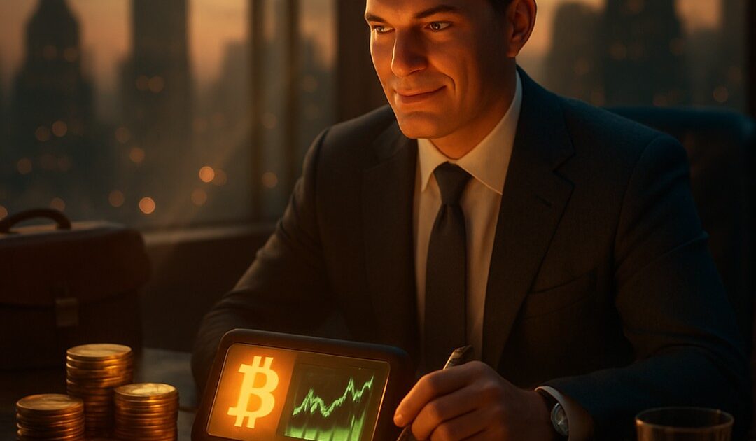 Dirigente sorridente con tablet che mostra bitcoin e grafico verde, pile di monete, skyline notturno - BitcoinLive24