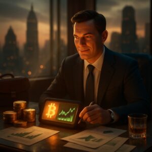 Dirigente sorridente con tablet che mostra bitcoin e grafico verde, pile di monete, skyline notturno - BitcoinLive24