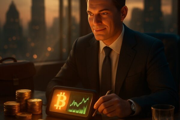 Dirigente sorridente con tablet che mostra bitcoin e grafico verde, pile di monete, skyline notturno - BitcoinLive24