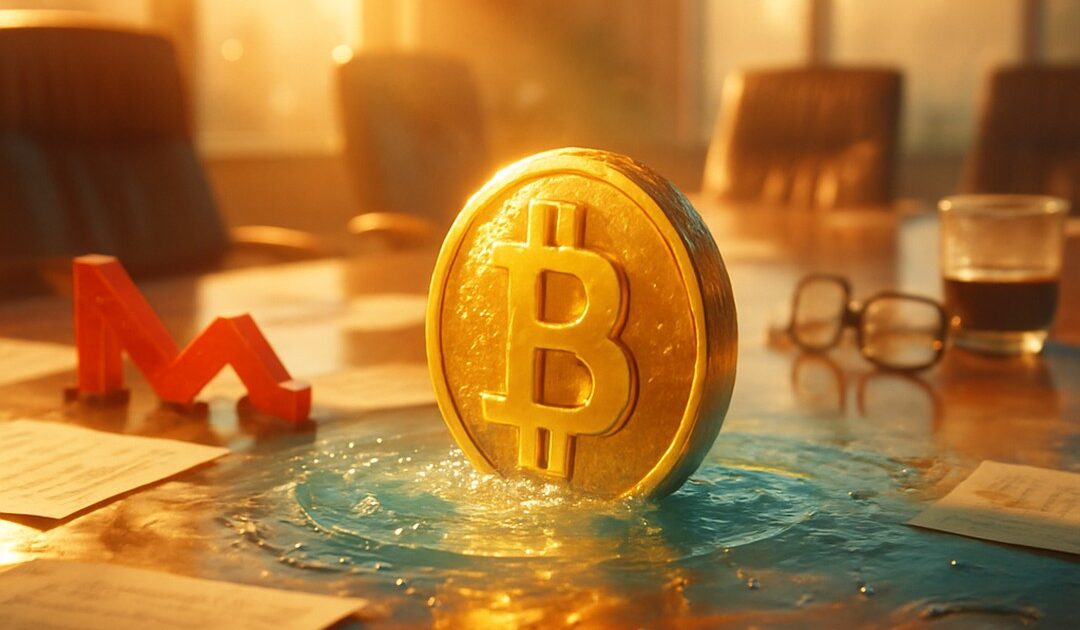 Moneta bitcoin in una pozza d'acqua sul tavolo riunioni, freccia rossa in discesa, occhiali e fogli - BitcoinLive24