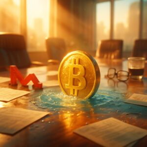 Moneta bitcoin in una pozza d'acqua sul tavolo riunioni, freccia rossa in discesa, occhiali e fogli - BitcoinLive24