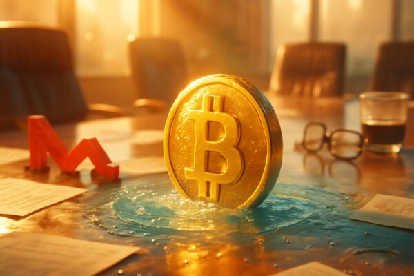 Moneta bitcoin in una pozza d'acqua sul tavolo riunioni, freccia rossa in discesa, occhiali e fogli - BitcoinLive24