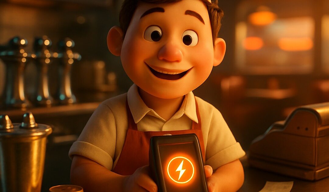 Cuoco sorridente di una tavola calda mostra un POS con simbolo Lightning, monete e scontrini - BitcoinLive24