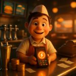 Cuoco sorridente di una tavola calda mostra un POS con simbolo Lightning, monete e scontrini - BitcoinLive24