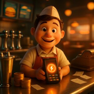 Cuoco sorridente di una tavola calda mostra un POS con simbolo Lightning, monete e scontrini - BitcoinLive24