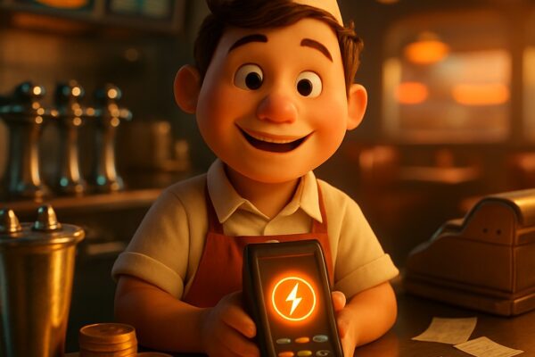 Cuoco sorridente di una tavola calda mostra un POS con simbolo Lightning, monete e scontrini - BitcoinLive24