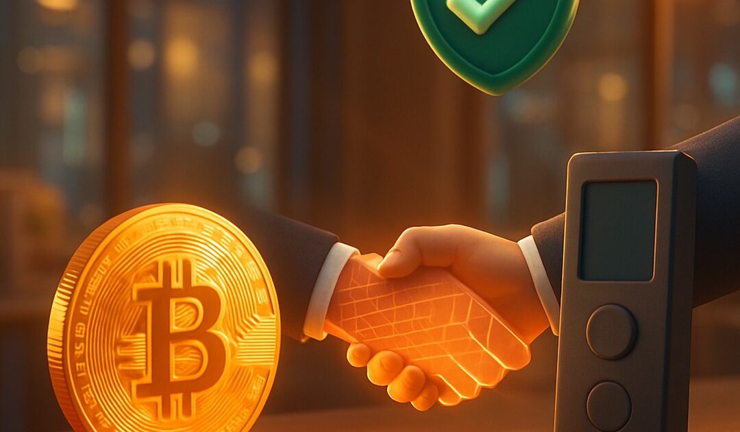 Stretta di mano tra una moneta bitcoin e un hardware wallet, scudo verde con spunta - BitcoinLive24