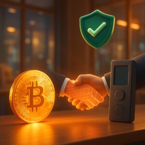Stretta di mano tra una moneta bitcoin e un hardware wallet, scudo verde con spunta - BitcoinLive24