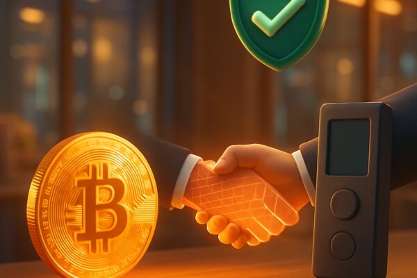 Stretta di mano tra una moneta bitcoin e un hardware wallet, scudo verde con spunta - BitcoinLive24