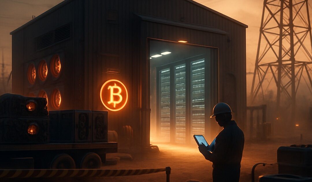 Capannone di mining con ASIC luminosi e rack, operaio con casco e tablet, traliccio elettrico - BitcoinLive24