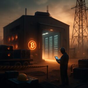 Capannone di mining con ASIC luminosi e rack, operaio con casco e tablet, traliccio elettrico - BitcoinLive24