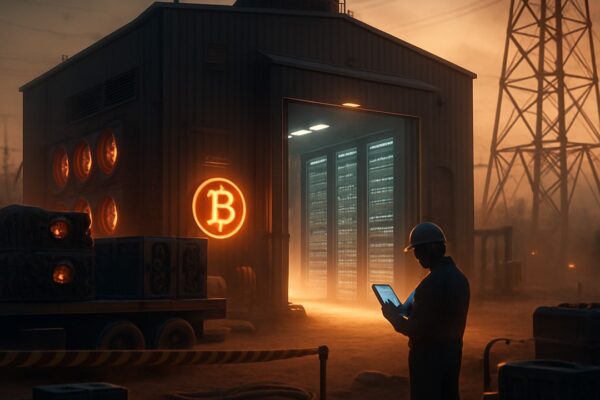 Capannone di mining con ASIC luminosi e rack, operaio con casco e tablet, traliccio elettrico - BitcoinLive24