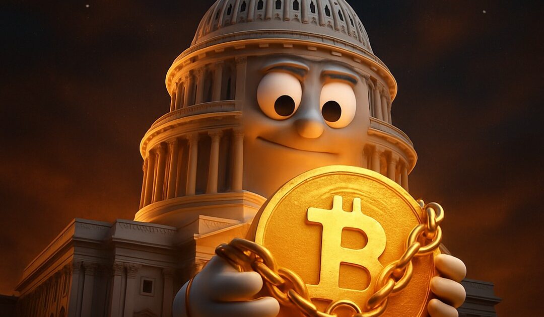 Campidoglio USA con faccia da cartone che stringe una moneta bitcoin incatenata con lucchetto - BitcoinLive24