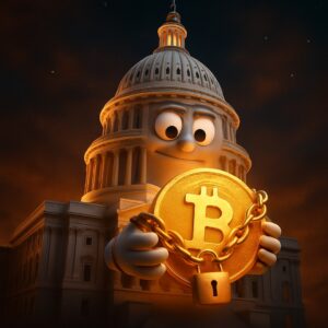 Campidoglio USA con faccia da cartone che stringe una moneta bitcoin incatenata con lucchetto - BitcoinLive24