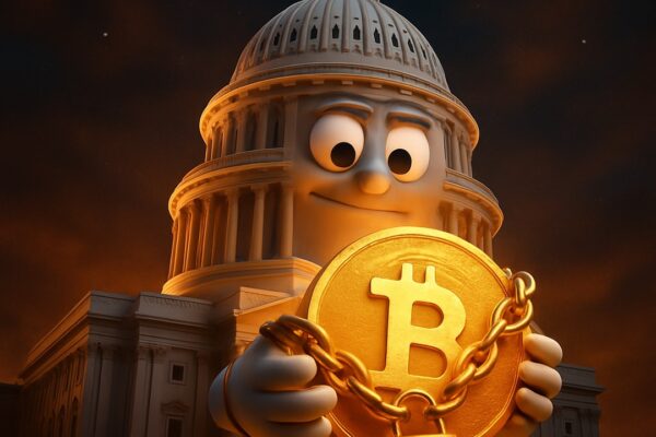 Campidoglio USA con faccia da cartone che stringe una moneta bitcoin incatenata con lucchetto - BitcoinLive24